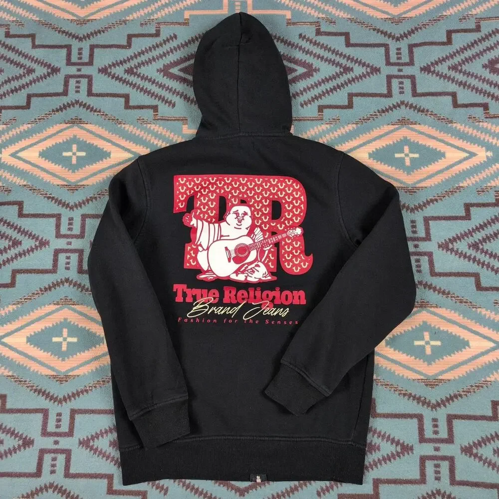 True Religion Hoodie Mens L Black Full Zip Fleece Buddha Graphic Sweatshirt
